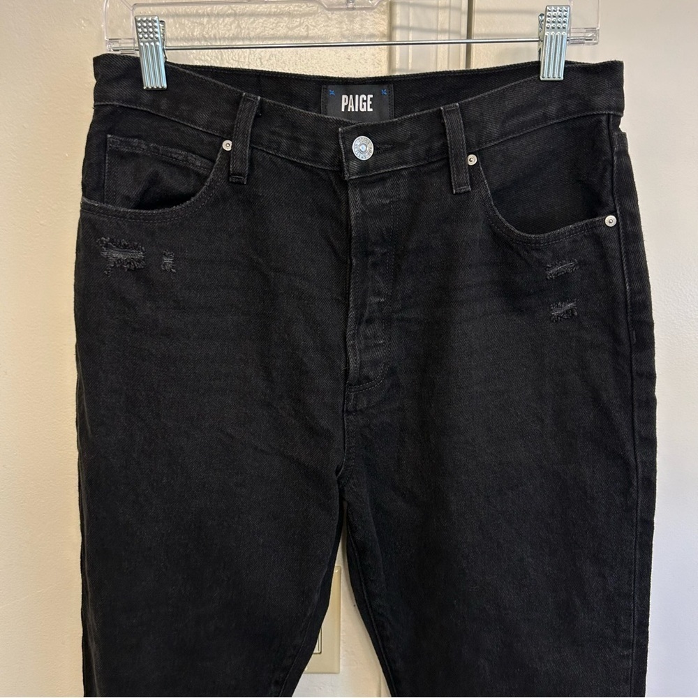 PAIGE Billy Crop High Rise Slim Straight Jeans Black Distressed Size 28 - Picture 2 of 11